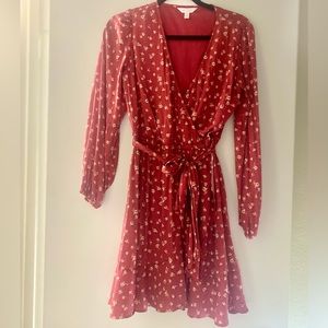 LC Lauren Conrad // Silk Foral Long-sleeve Midi-Dress with Waist Tie (S - Red)